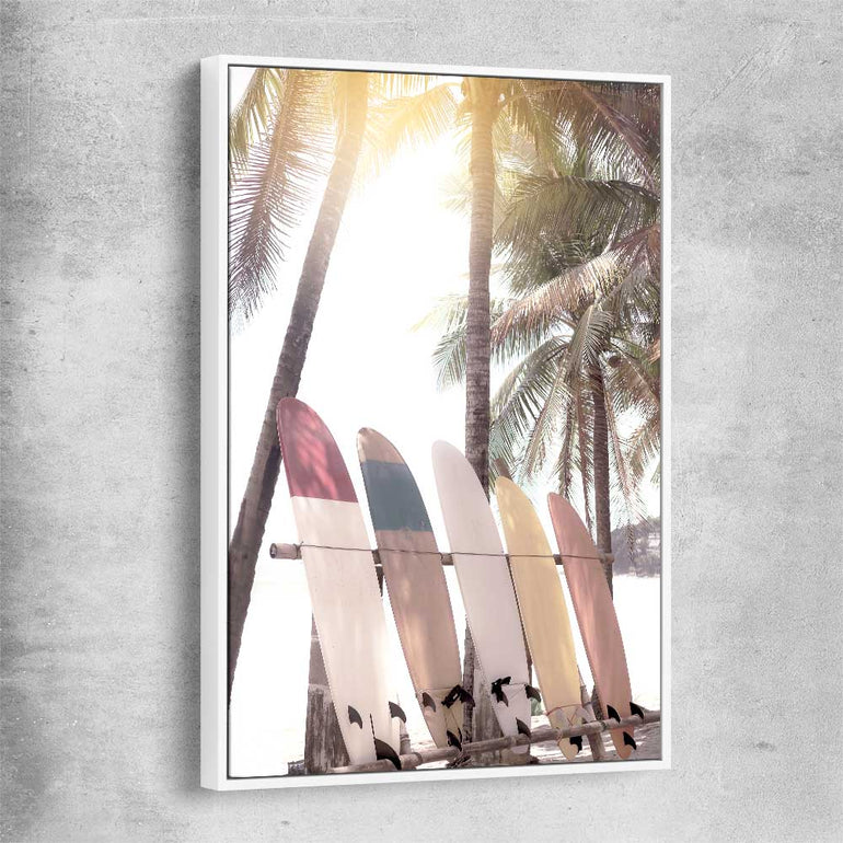 Beach and coastal wall art print of Surf Sunset with white framed canvas