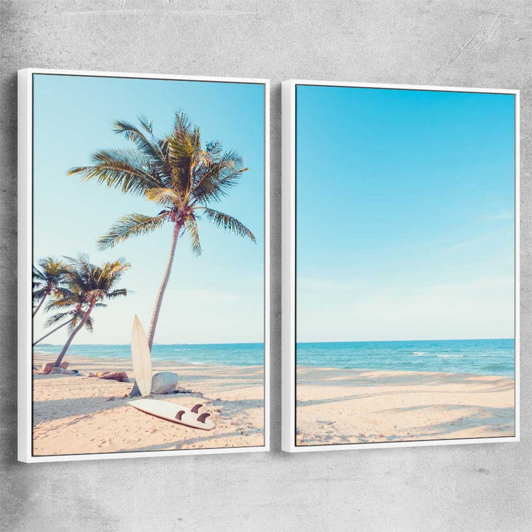 Beach and coastal wall art print of Surfing Break Pair with white framed canvas