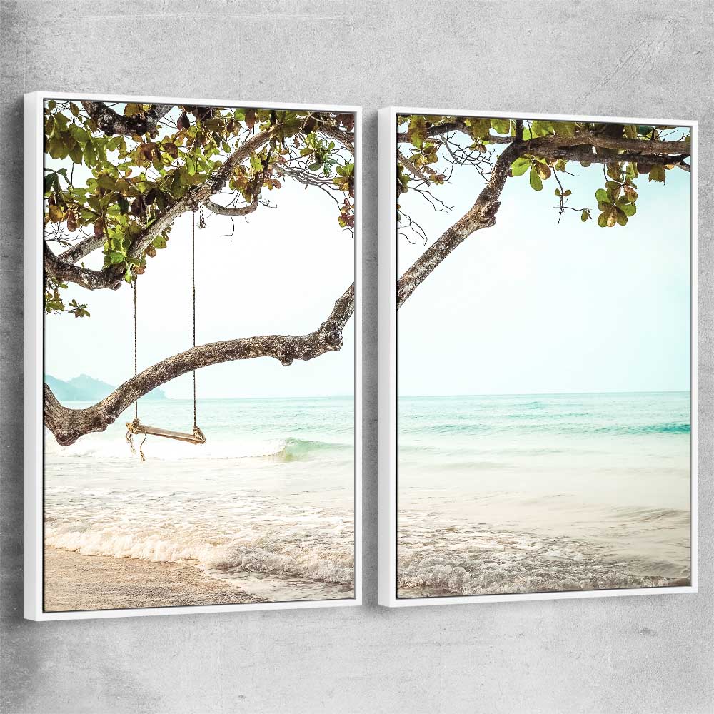 Beach and coastal wall art print of Tropical Beach Pair with white framed canvas