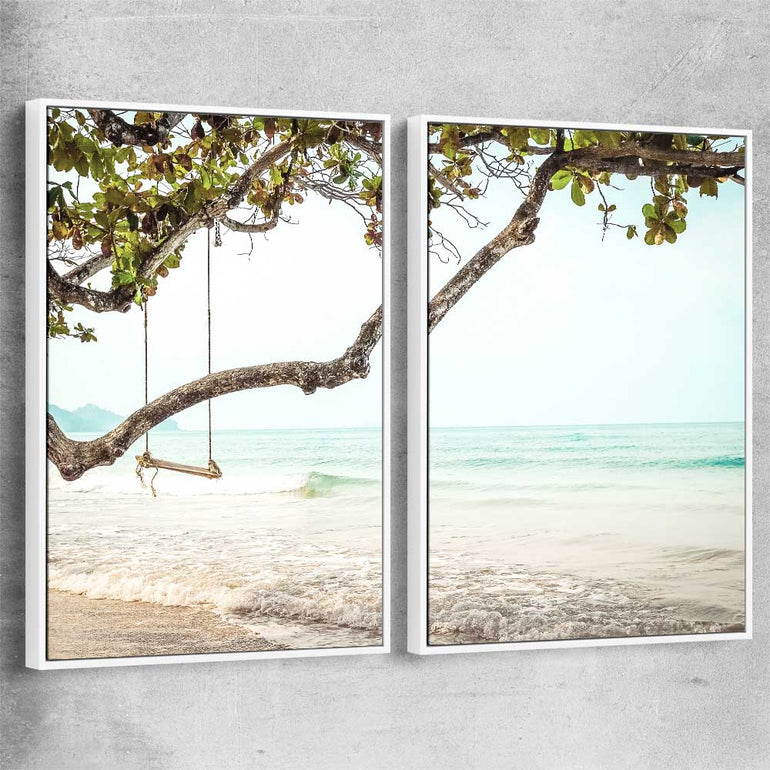 Beach and coastal wall art print of Tropical Beach Pair with white framed canvas