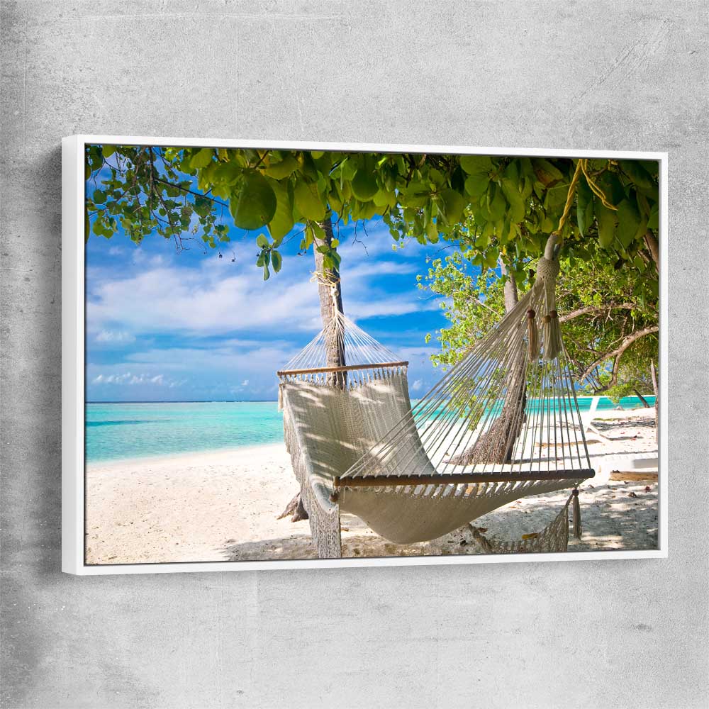 Beach and coastal wall art print of Tropical Bliss with white framed canvas