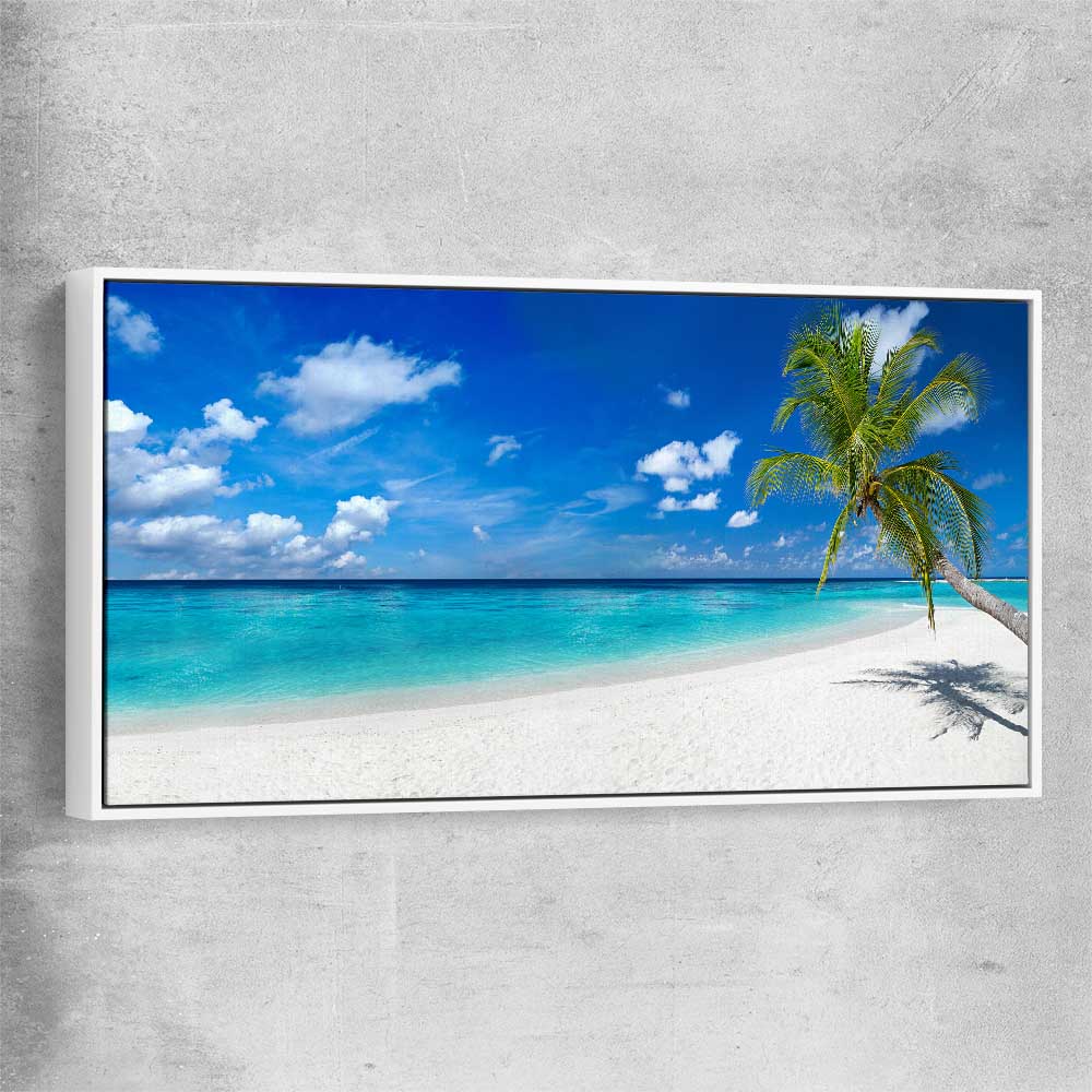 Beach and coastal wall art print of Tropical Escape with white framed canvas