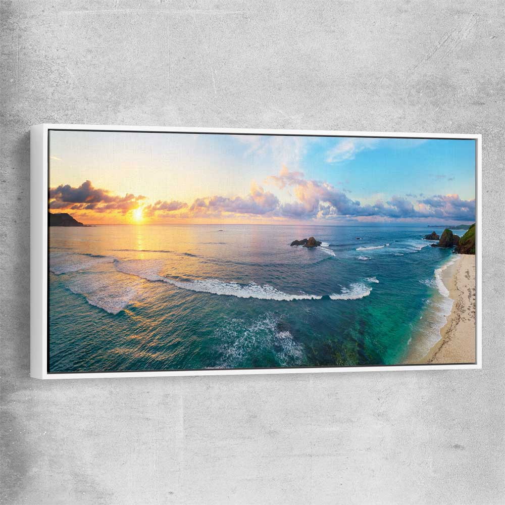 Beach and coastal wall art print of Tropical Surfers Beach with white framed canvas