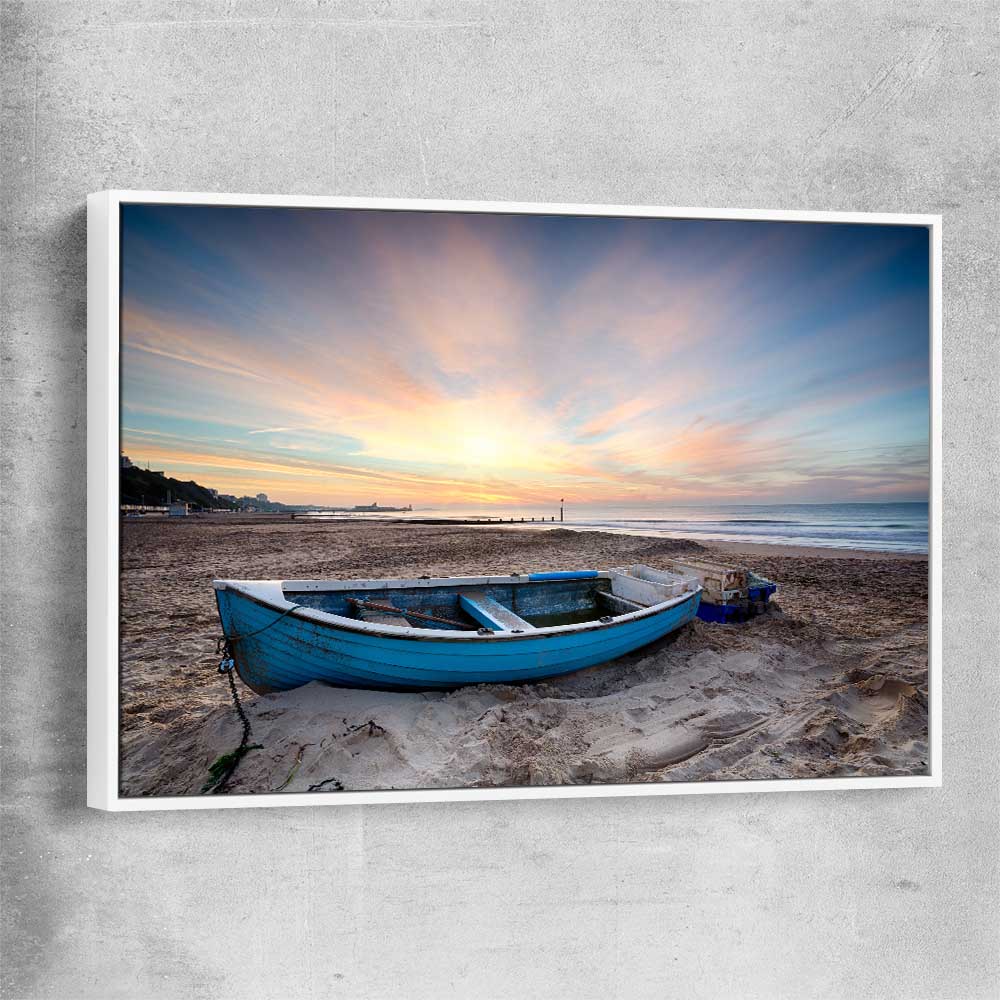 Beach and coastal wall art print of Vintage Fishing Boat with white framed canvas