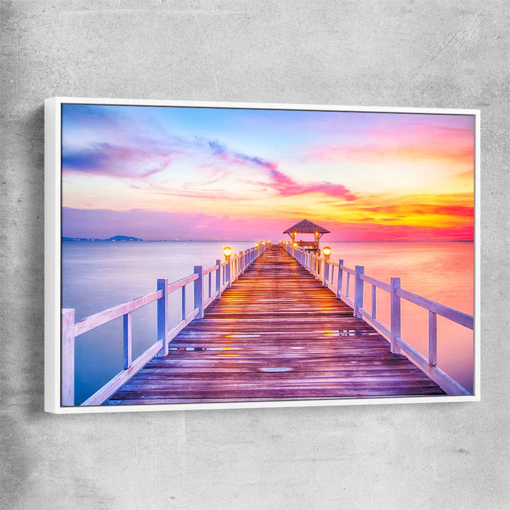 Beach and coastal wall art print of Walking Into Stillness with white framed canvas