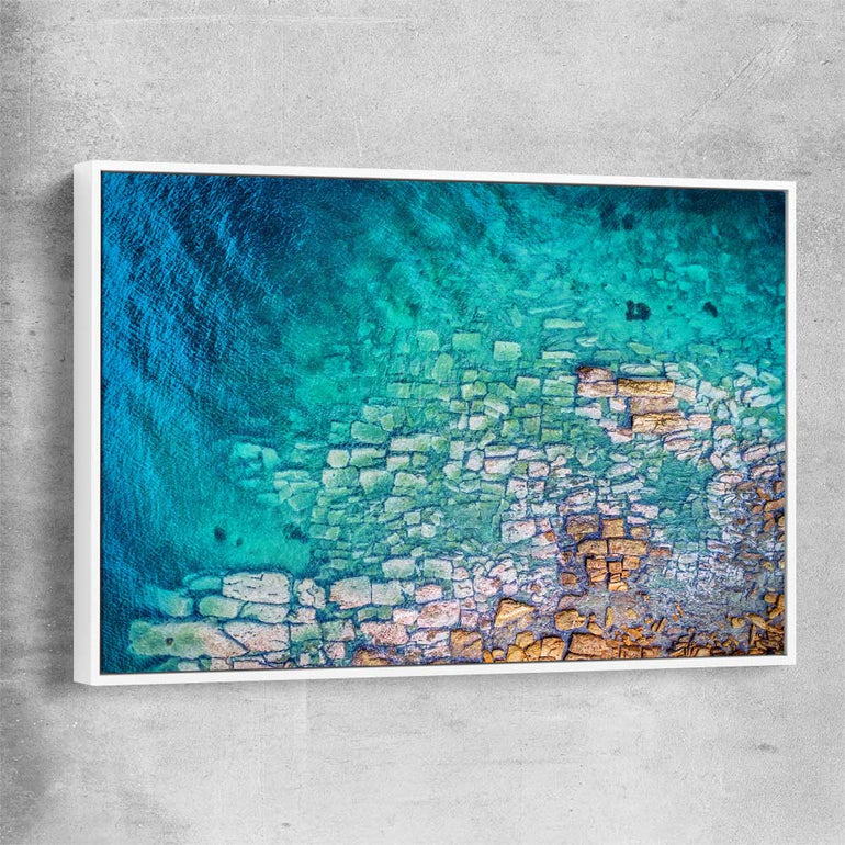 Beach and coastal wall art print of Watsons Bay Rocks with white framed canvas