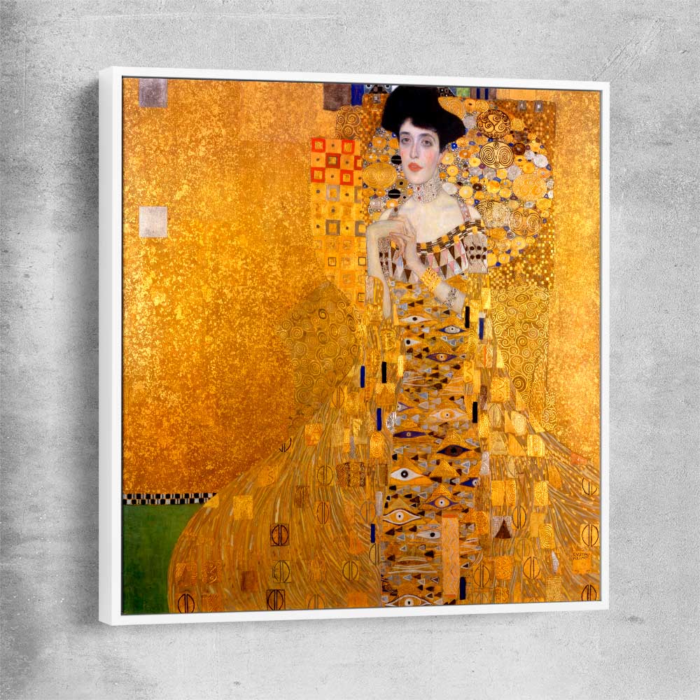 Classic wall art and canvas print of Adele Bloch-Bauer I Gustav Klimt with white framed canvas