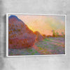 Classic wall art and canvas print of Haystacks Claude Monet with white framed canvas