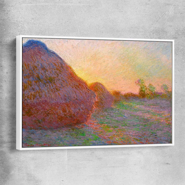 Classic wall art and canvas print of Haystacks Claude Monet with white framed canvas