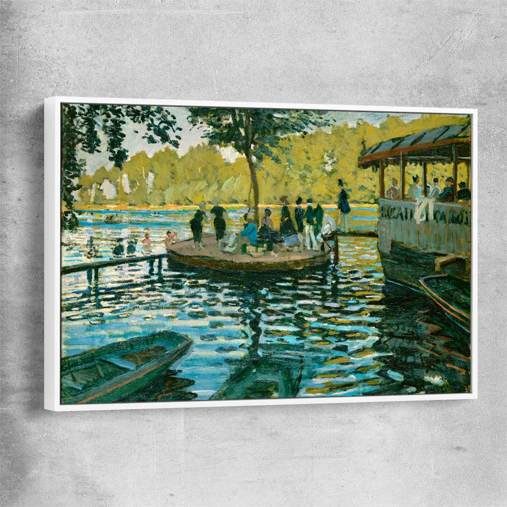 Classic wall art and canvas print of La Grenouillere Claude Monet with white framed canvas