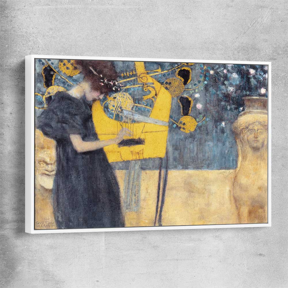 Classic wall art and canvas print of Music I Gustav Klimt with white framed canvas