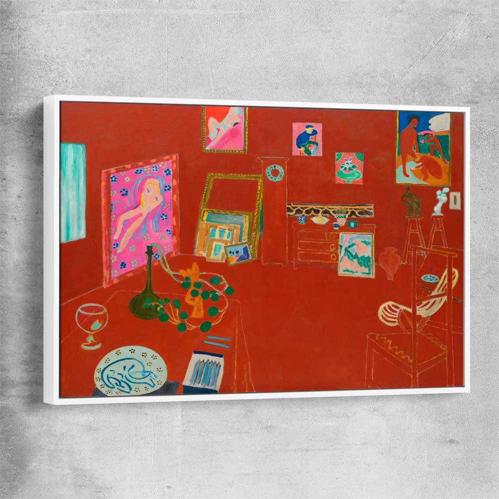 Classic wall art and canvas print of Red Studio Henri Matisse with white framed canvas