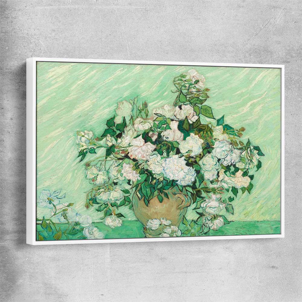 Classic wall art and canvas print of Roses Van Gogh with white framed canvas
