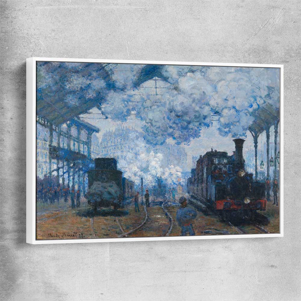 Classic wall art and canvas print of Saint-Lazare Claude Monet with white framed canvas
