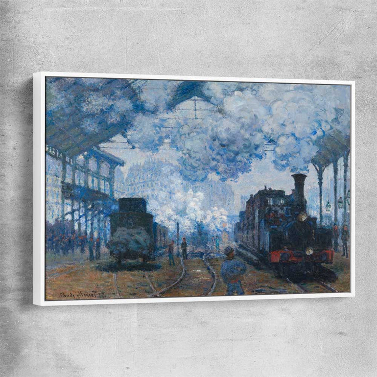Classic wall art and canvas print of Saint-Lazare Claude Monet with white framed canvas
