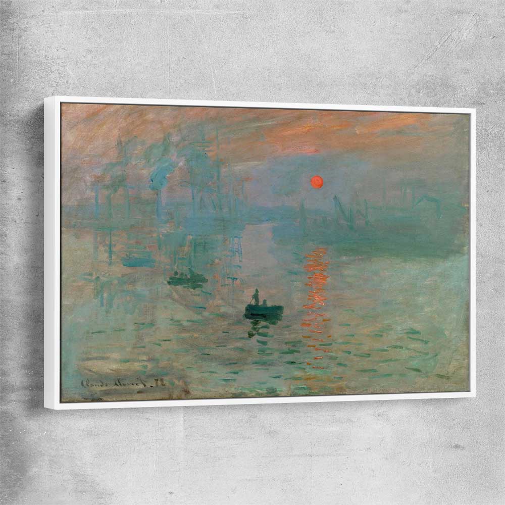 Classic wall art and canvas print of Sunrise Claude Monet with white framed canvas