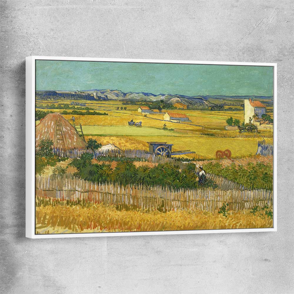 Classic wall art and canvas print of The Harvest Van Gogh with white framed canvas