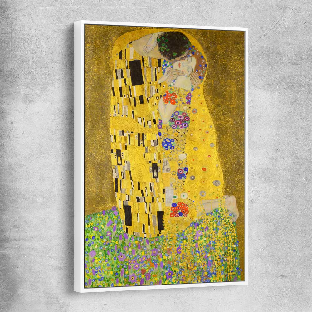 Classic wall art and canvas print of The Kiss Gustav Klimt with white framed canvas