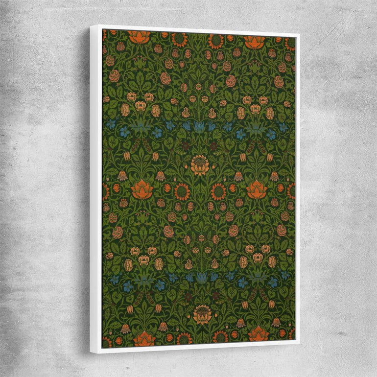 Classic wall art and canvas print of Violet Columbine William Morris with white framed canvas