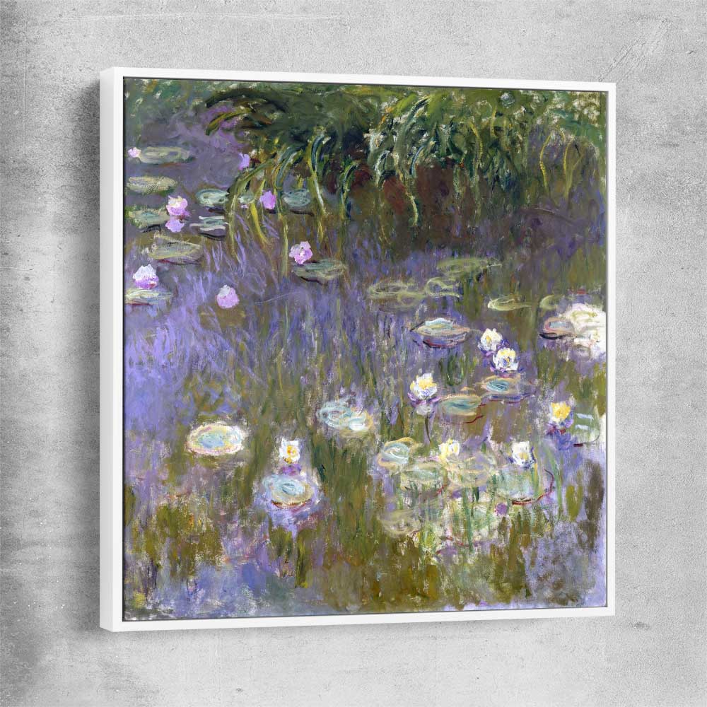 Classic wall art and canvas print of Water Lilies Claude Monet with white framed canvas