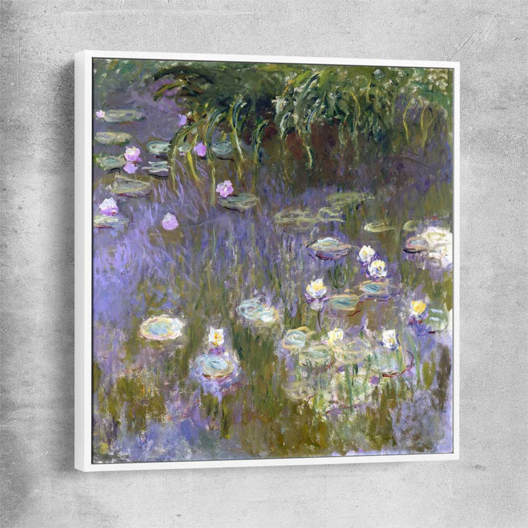 Classic wall art and canvas print of Water Lilies Claude Monet with white framed canvas