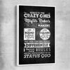 Inspirational wall art print of Crazy Ones with white framed canvas