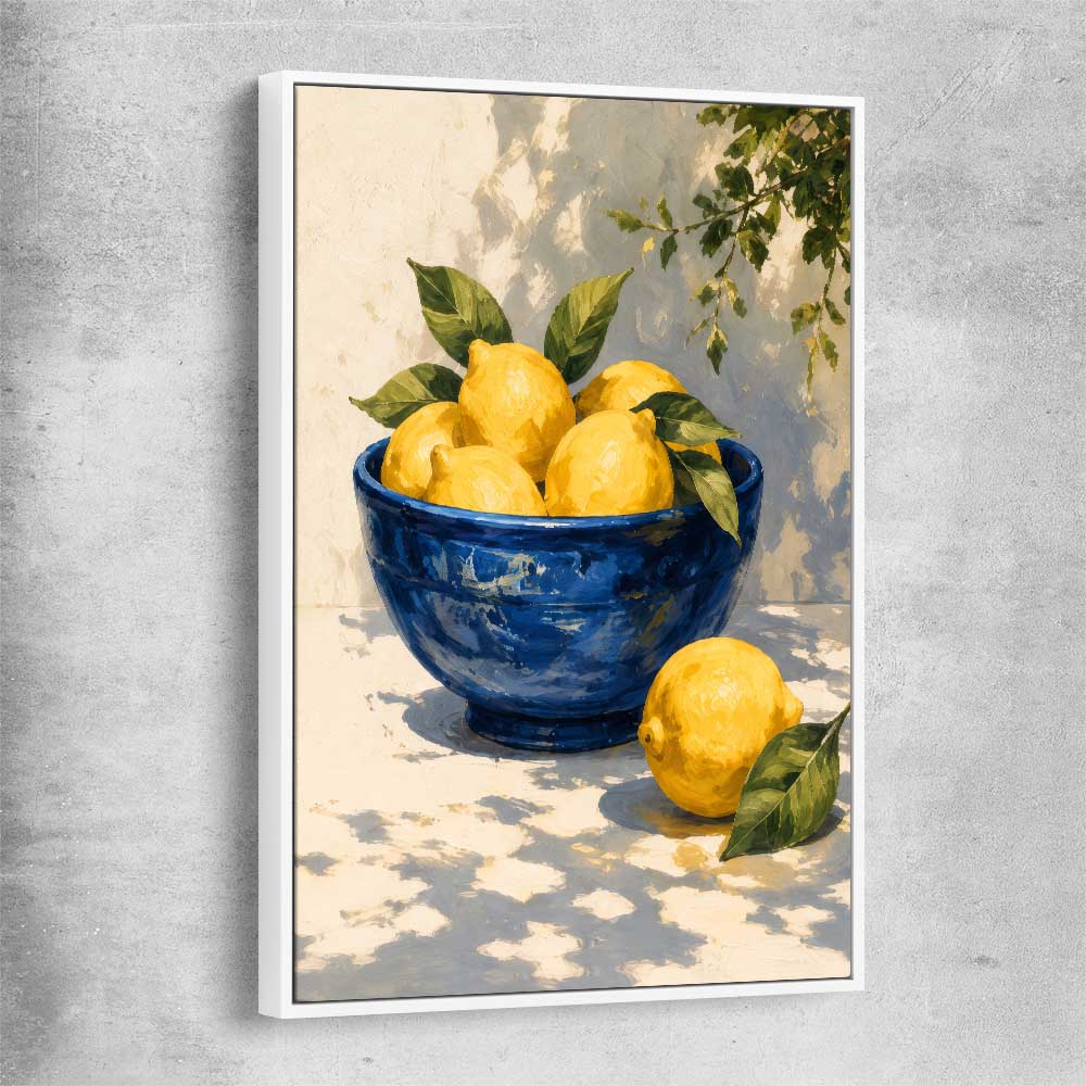 Amalfi Lemons white framed canvas is a colourful and stylish canvas wall art and print suited for the kitchen area