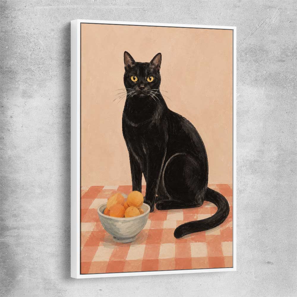 Black Cat and Peaches white framed canvas is a colourful and stylish canvas wall art and print suited for the kitchen area