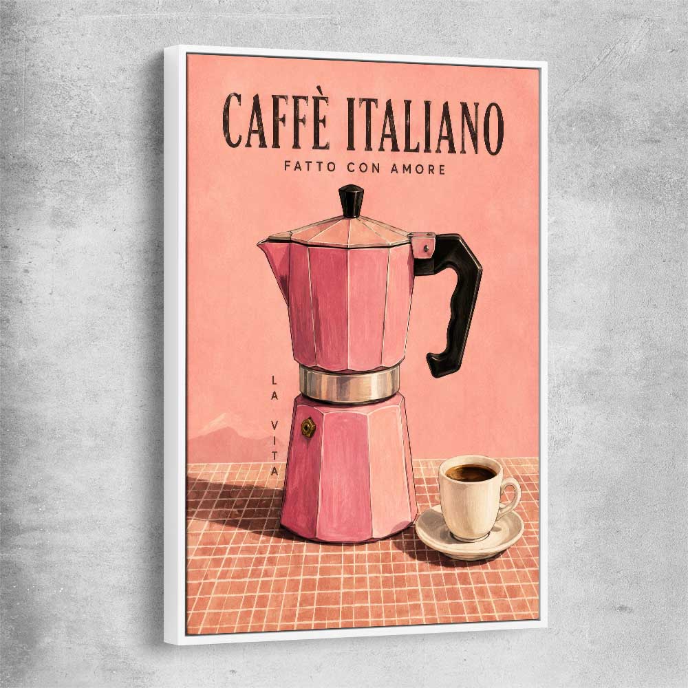 Caffe Italiano white framed canvas is a colourful and stylish canvas wall art and print suited for the kitchen area