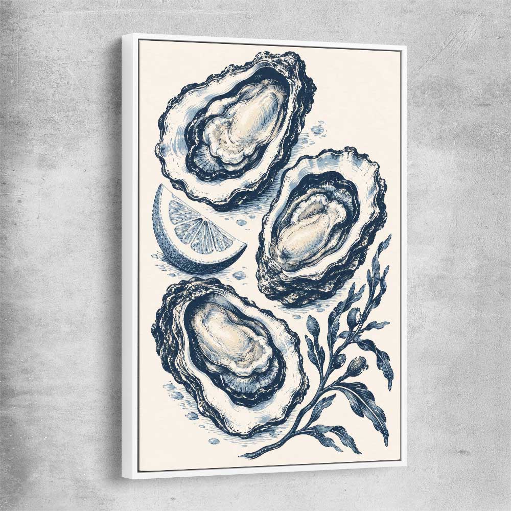 Coastal Indigo Oysters white framed canvas is a colourful and stylish canvas wall art and print suited for the kitchen area