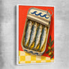 Golden Sardine Tin white framed canvas is a colourful and stylish canvas wall art and print suited for the kitchen area
