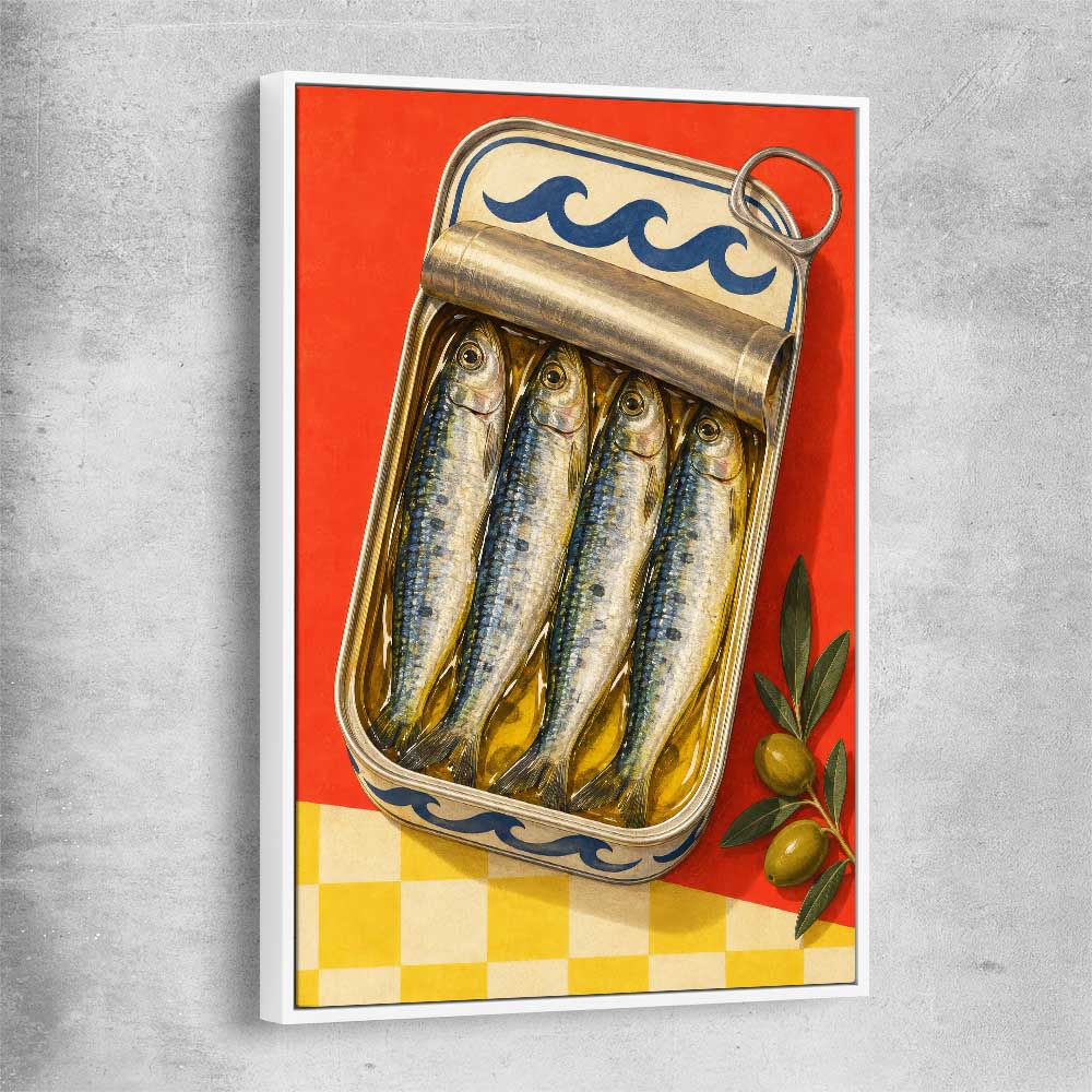 Golden Sardine Tin white framed canvas is a colourful and stylish canvas wall art and print suited for the kitchen area