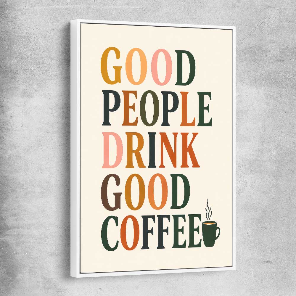 Good People Brew white framed canvas is a colourful and stylish canvas wall art and print suited for the kitchen area