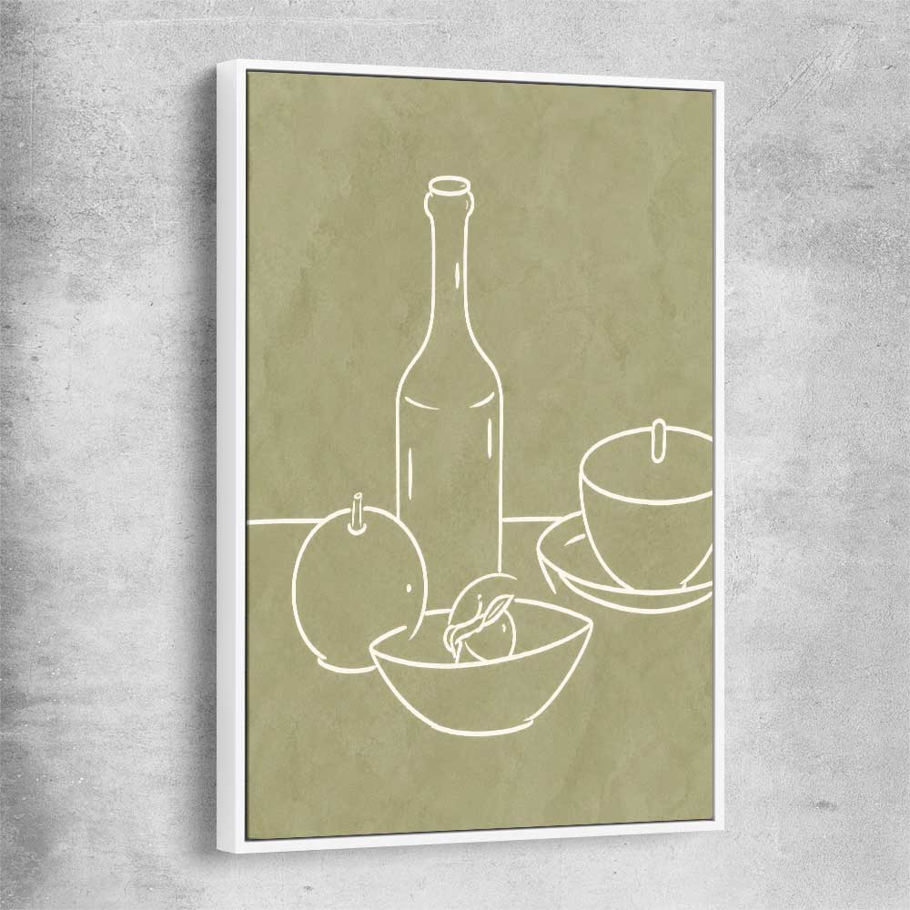 Green Bottle white framed canvas is a colourful and stylish canvas wall art and print suited for the kitchen area