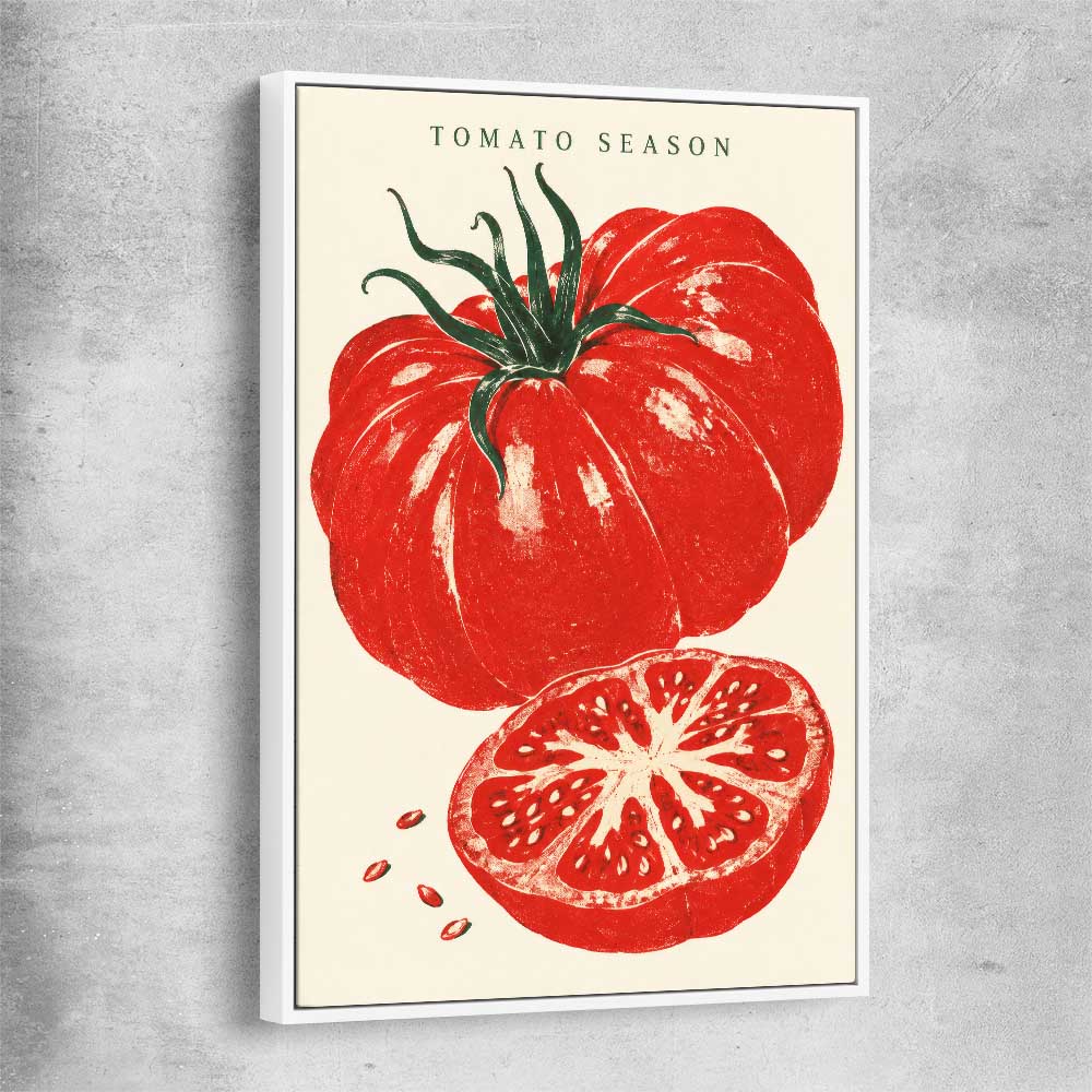 Heirloom Tomato Season white framed canvas is a colourful and stylish canvas wall art and print suited for the kitchen area