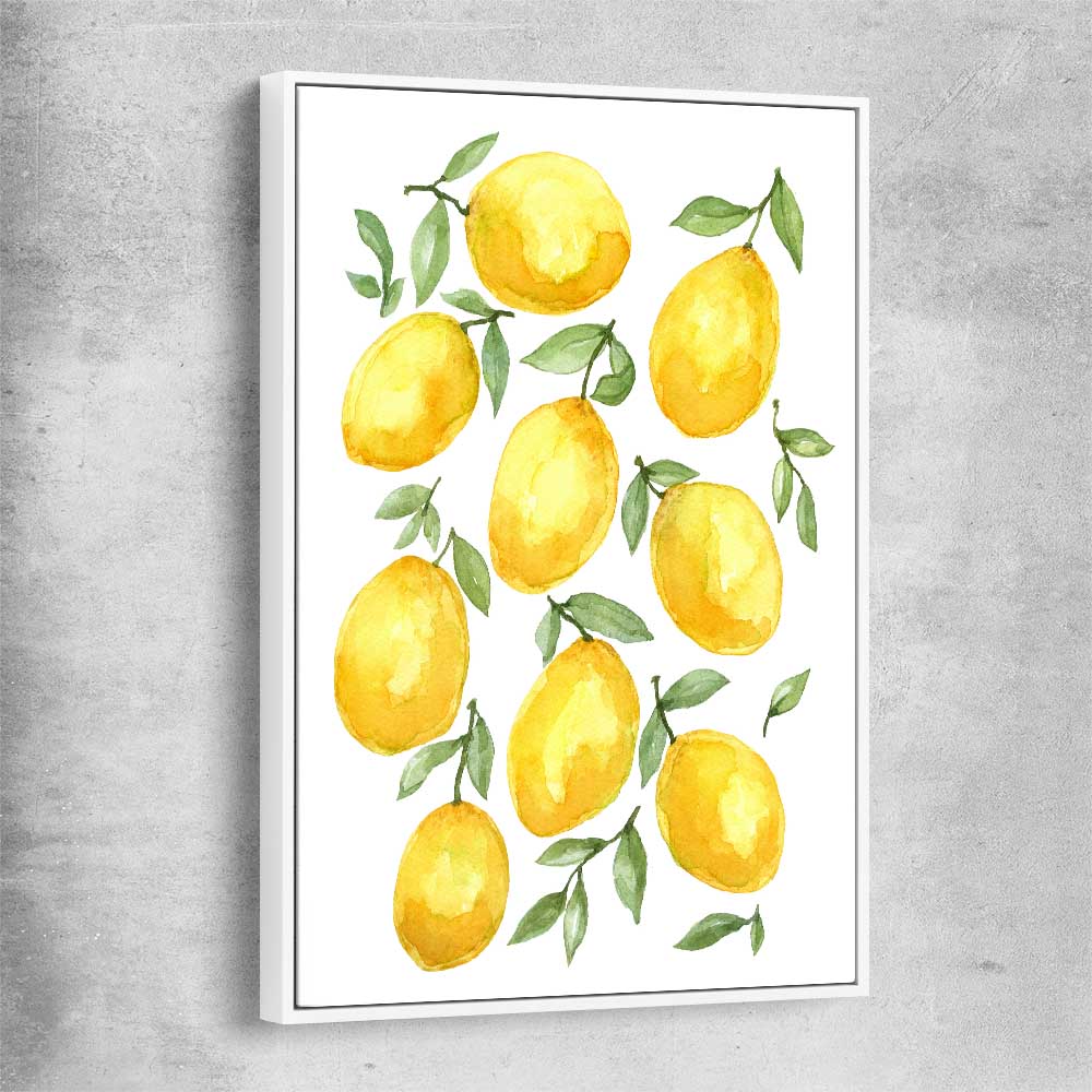 Lemon Bunch white framed canvas is a colourful and stylish canvas wall art and print suited for the kitchen area