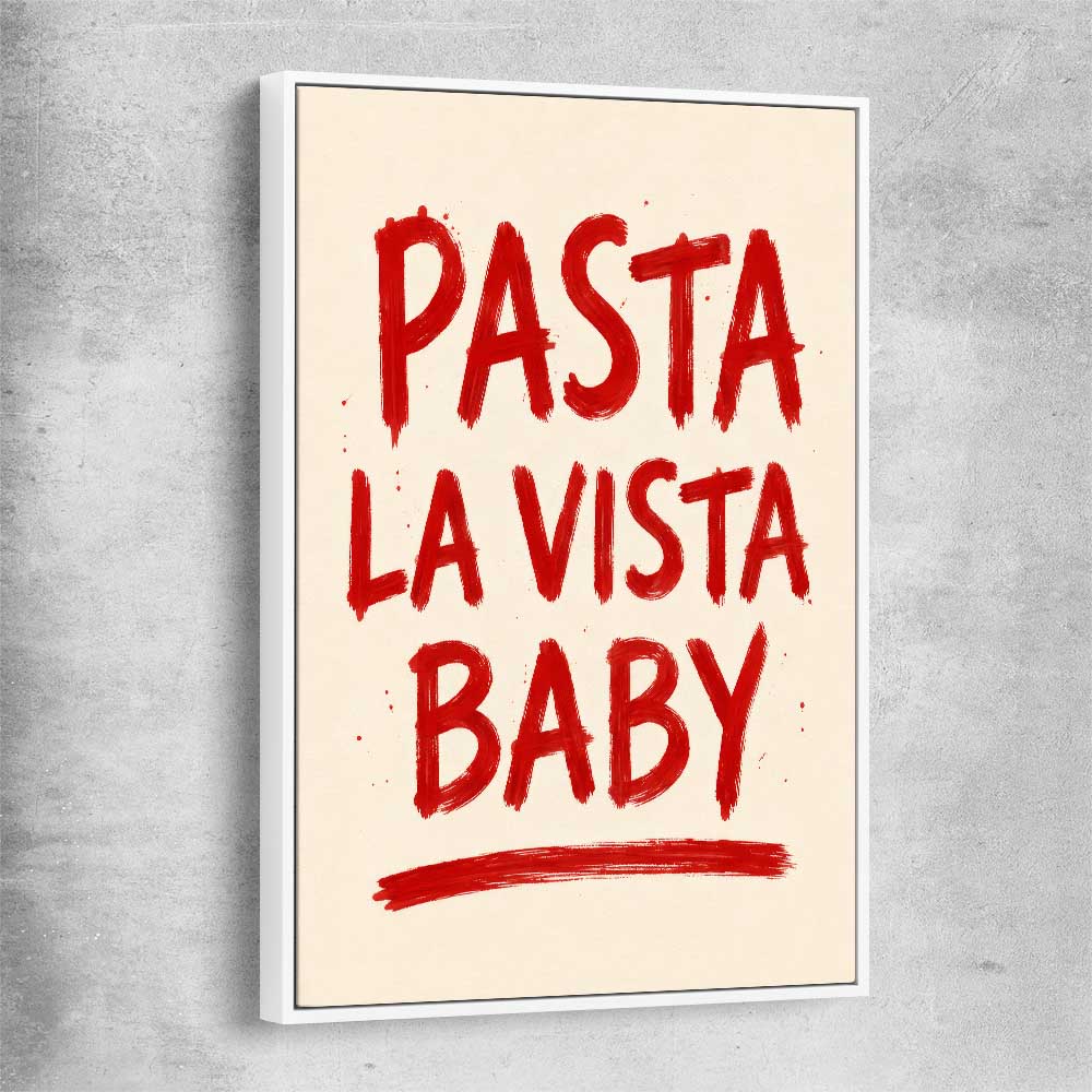 Pasta La Vista Baby white framed canvas is a colourful and stylish canvas wall art and print suited for the kitchen area