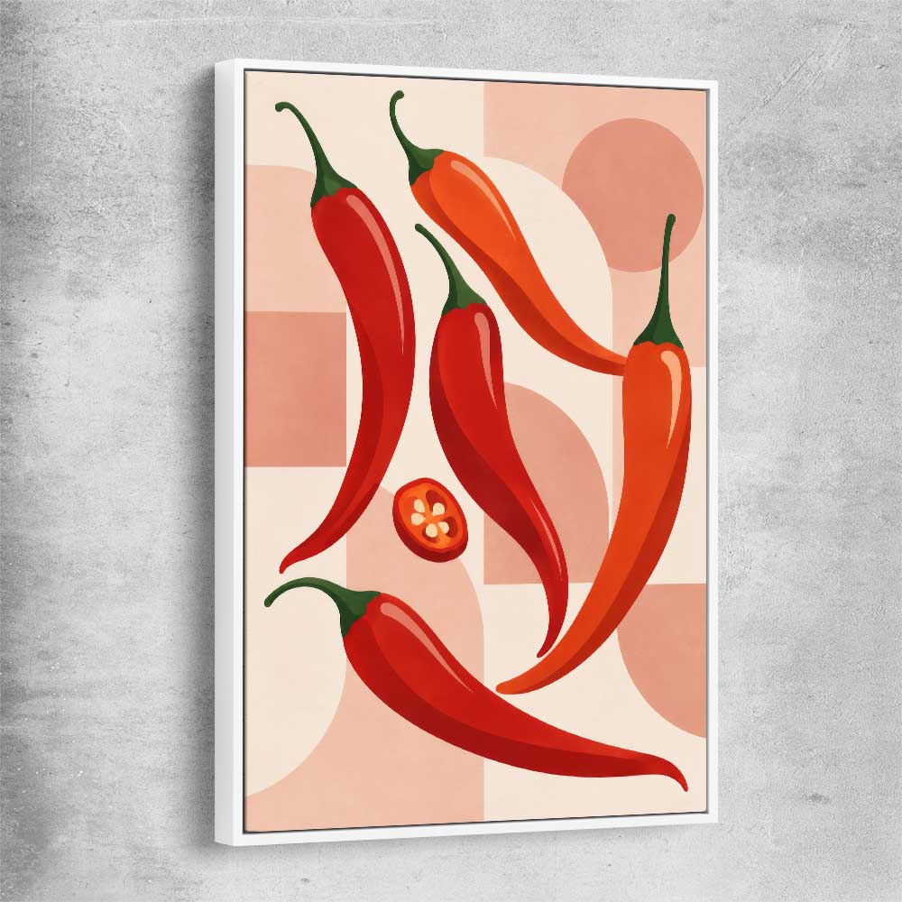 Scarlet Chilli Rhythm white framed canvas is a colourful and stylish canvas wall art and print suited for the kitchen area