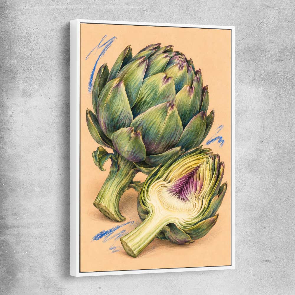 Sculptural Artichokes white framed canvas is a colourful and stylish canvas wall art and print suited for the kitchen area