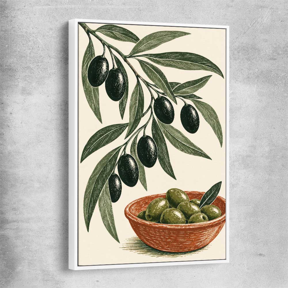 Terracotta Olive Branch white framed canvas is a colourful and stylish canvas wall art and print suited for the kitchen area