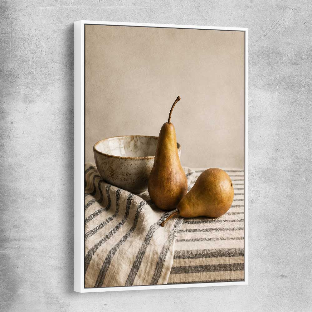 Tuscan Pears white framed canvas is a colourful and stylish canvas wall art and print suited for the kitchen area