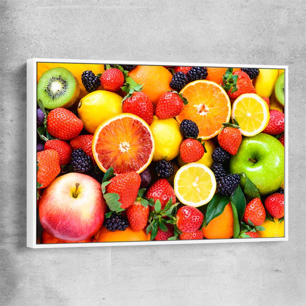 Vibrant Fruit Medley white framed canvas is a colourful and stylish canvas wall art and print suited for the kitchen area