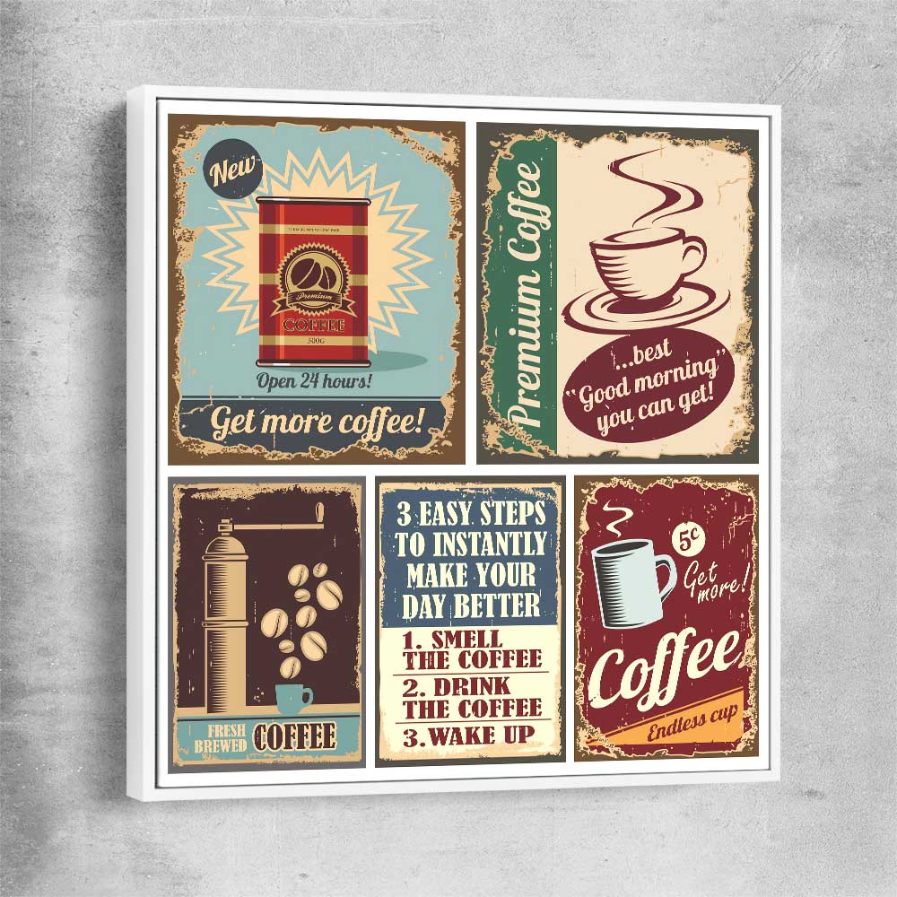 Vintage Coffee Collection white framed canvas is a colourful and stylish canvas wall art and print suited for the kitchen area