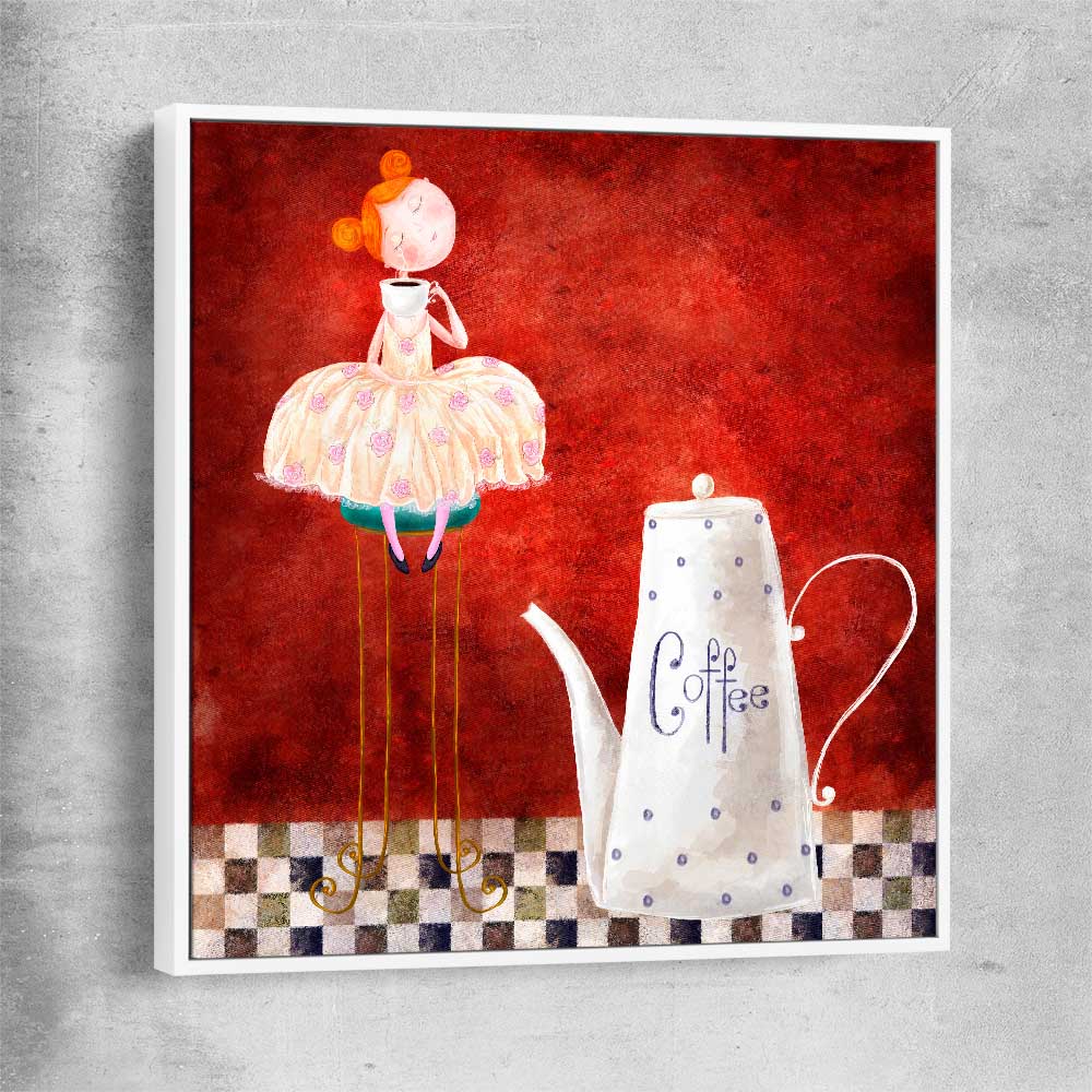 Whimsical Kitchen Life white framed canvas is a colourful and stylish canvas wall art and print suited for the kitchen area