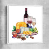 Wine and Cheese Feast white framed canvas is a colourful and stylish canvas wall art and print suited for the kitchen area