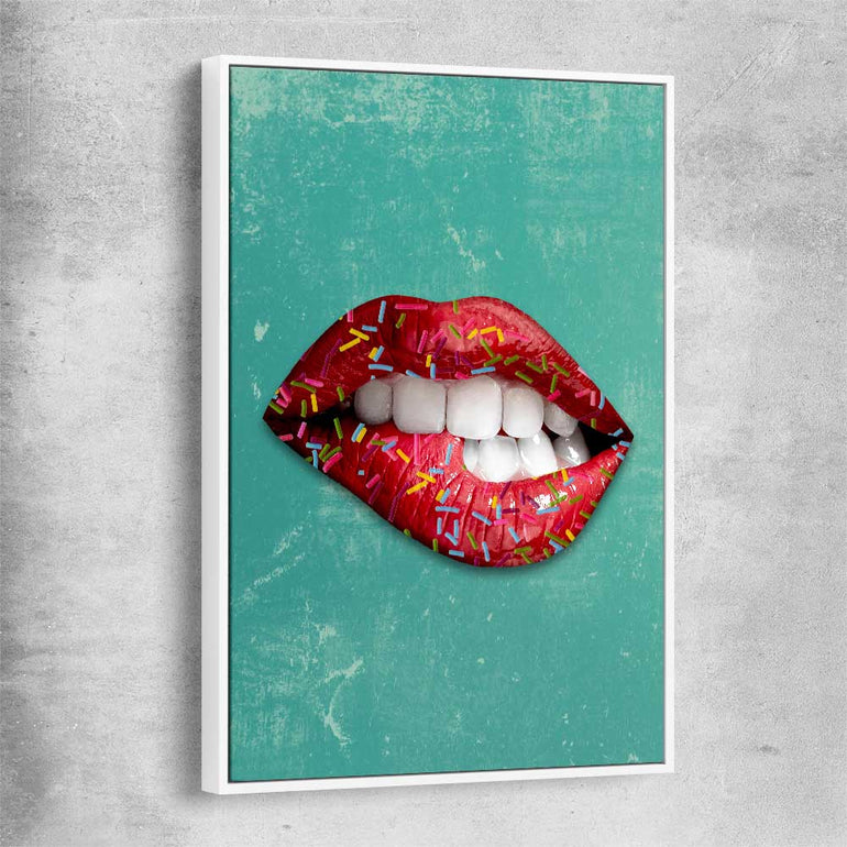 Candy Pop white framed canvas - part of our high quality canvas lips wall art collection