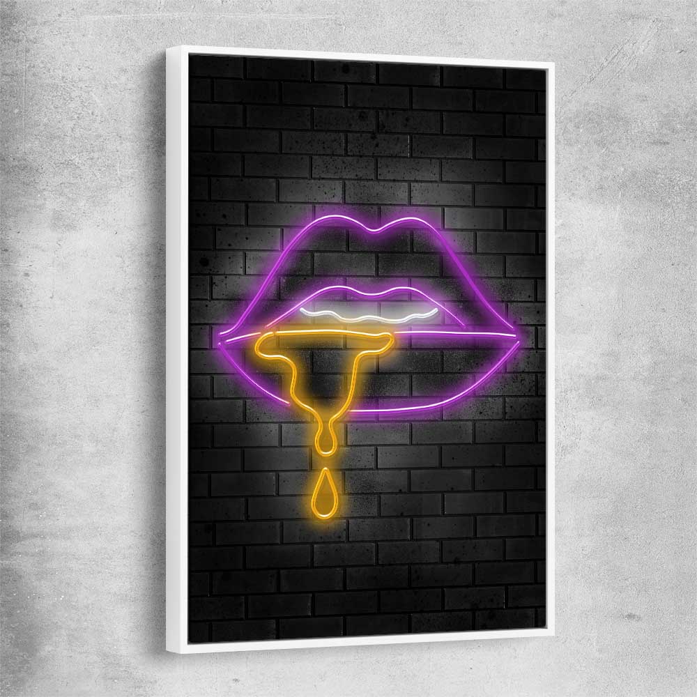 Neon Lips white framed canvas - part of our high quality canvas lips wall art collection