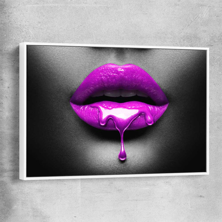 Purple Lust white framed canvas - part of our high quality canvas lips wall art collection