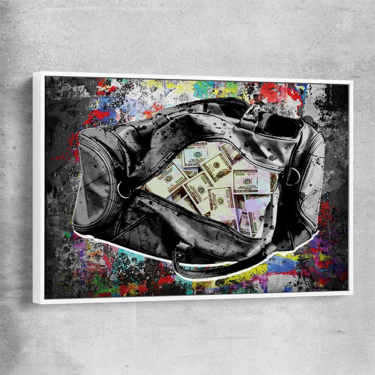 Money wall art print of Cash Duffel with white framed canvas