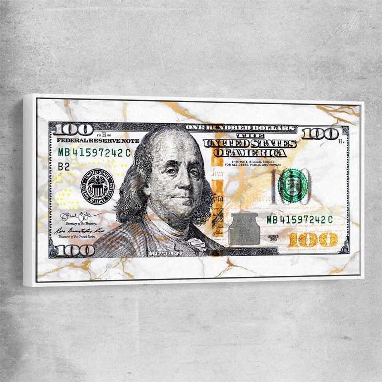 Money wall art print of Marble Bill with white framed canvas
